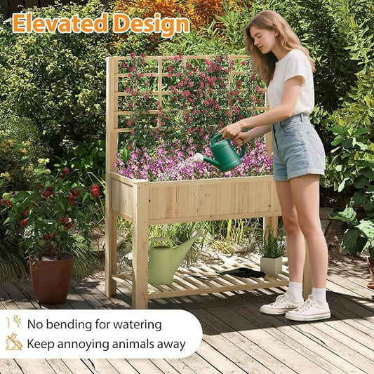 Giantex Raised Garden Bed with Trellis, Wooden Elevated Planter Box with Legs, Drainage Holes for Climbing Plants Vines Vegetables Flowers Herbs, Outdoor Horticulture Planter for Patio Backyard