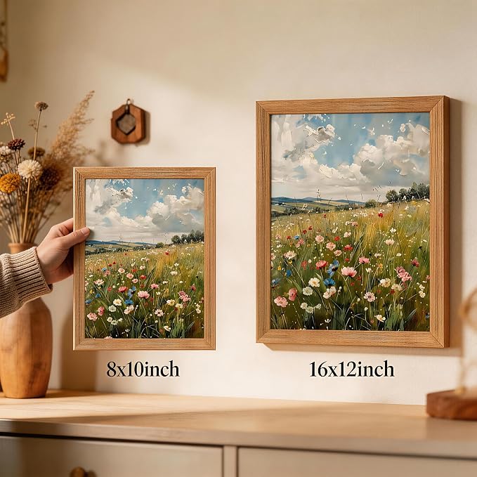 Wildflower Wall Art Framed Botanical Flower Meadow Canvas Print, Vintage Floral Landscape Canvas, Nature Wall Decor with Wood Frame for Bedroom Living Room Cottage Home Decor 8x10 Inch