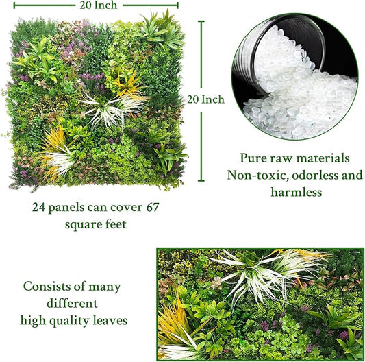 ODTORY Artificial Greenery Grass Wall Panels: 20"x 20" 24P(67 sqft) | UV-Anti, Faux Ivy Privacy Fence Screen, Boxwood Backdrop, Vine Leaf Hedges Roll, Patio/Balcony/Garden/Backyard, Green Decor