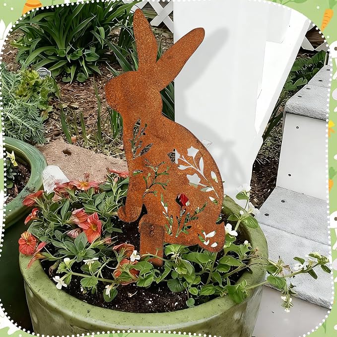 2 Pcs Easter Metal Rabbit Garden Stake Rusty Bunny Garden Decor Rustic Iron Rabbit Silhouette Decoration Art Flower Metal Cutout Sign Floor Standing Sculpture for Yard Decor Holiday Outdoor