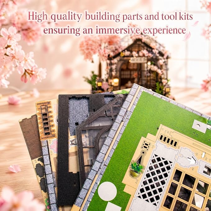 DIY Miniature House Kit, DIY Book Nook with LED Light | 3D Puzzles for Adults and Teens, Building Kits for Bookshelf Decor, Creative Gift for Craft Lovers | Sakura Greenhouse
