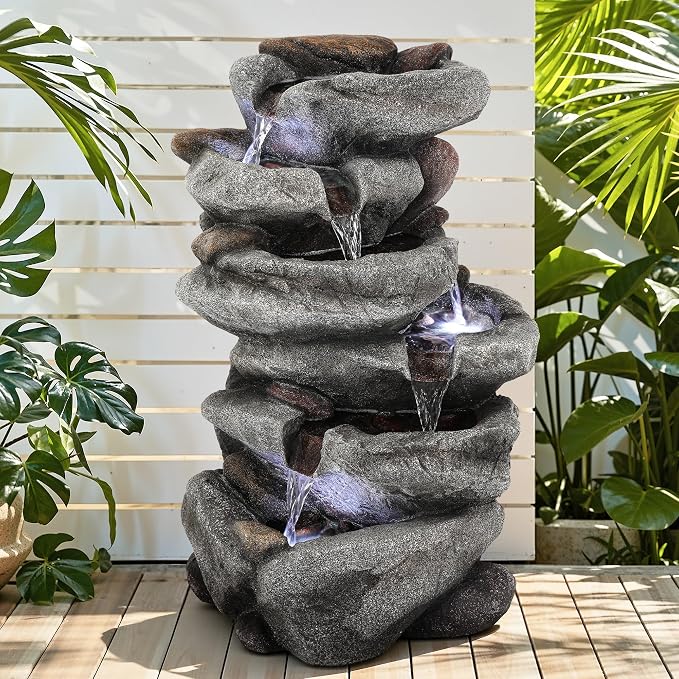 20" H Outdoor Water Fountain with LED Lights, 5-Tier Rock Outdoor Fountain with Pump,Polyresin Cascading Freestanding Waterfall Feature for Tranquil Garden, Patio or Porch