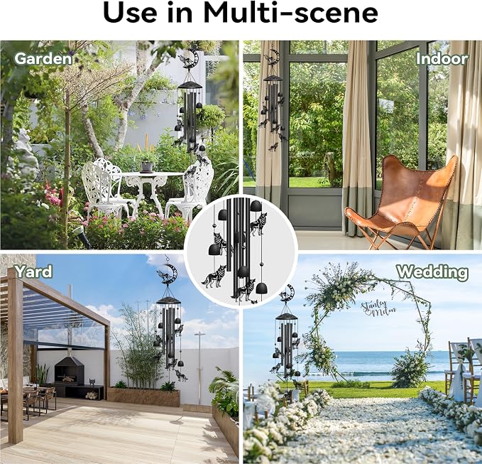 Wolf Wind Chimes Outdoor Wolf Gifts for Women/Men/Mom/Grandma Birthday Gifts Memorial Gift Metal WindChimes for Outside/Indoors, Home, Lawn, Porch, Patio, Garden Decor, Yard Decorations (Black)