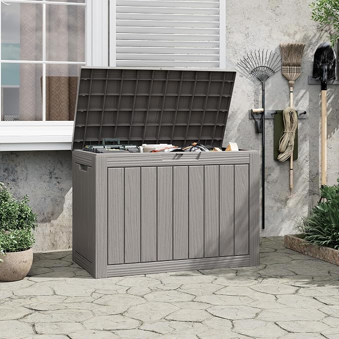 Outdoor Storage Box, 50 Gallon Deck Box with Lockable Lid, Waterproof Resin Storage Bin for Cushions, Garden Tools, Patio Furniture, Grey