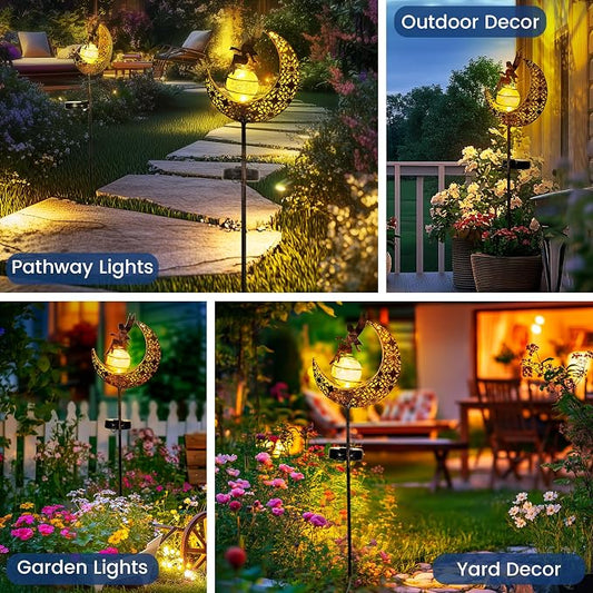 Fairy Garden Solar Lights Outdoor Decor, Moon Garden Stakes, Waterproof Outdoor Metal Decorations Gifts for Women and Mom, Art Moon Sculpture for Walkway, Yard, Patio, Garden and Porch, 1 Pack