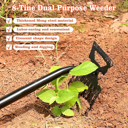 BokingOne Portable Weed Removal Tool - 8-Prong Manganese Steel with Black Baked Rust-Proof Coating for Garden Lawn Farm, Non-Slip Rubber Handle
