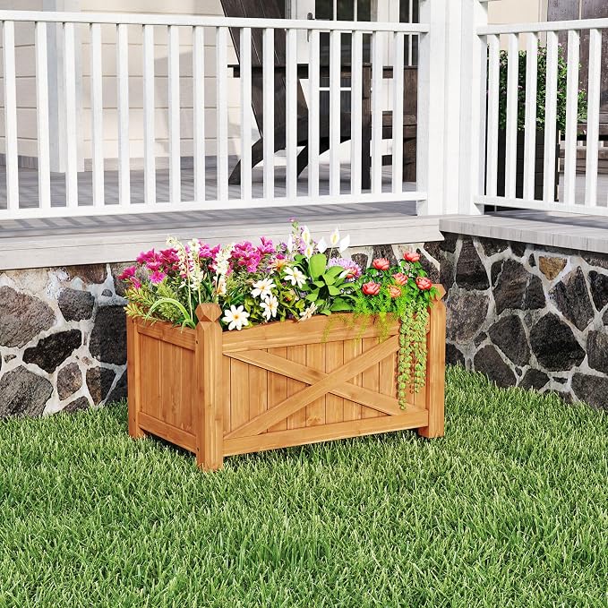 HAPPYGRILL Wooden Raised Garden Bed, 2 Solid Wood Gardening Plant Container w/Drainage Holes for Flower Vegetable Fruit, Outdoor Elevated Planter Box for Patio Garden Yard Balcony (25”x 16”x 15”)