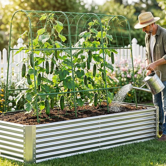 48x46 in U-Shape Cucumber Trellis for Climbing Plants Outdoors | Metal Arch Garden Trellis for Raised Garden Bed with Netting, Plant Support Structures for Vegetables, Grape, Tomato, Vines