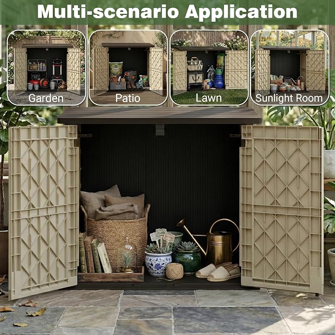 LHBcraft Waterproof Outdoor Storage Box 36 Cu Ft with Lockable Doors, Portable Outdoor Storage Box, Horizontal Outdoor Storage Cabinet for Backyards, Brown-Beige