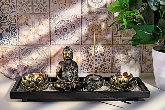 Jovivi Zen Garden Set Buddha Statue 2 Lotus Tealight Candle Holders, Mallet & Rocks and Crystals & Incense Burner Stick Holder Bowl & Wood Tray for Yoga Meditaion Home Table Decor Gift