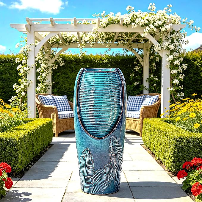 Autodaya 33" H Ceramic Jar Outdoor Water Fountain, Banana Leaf-Texture | Artisan High-Fired Glaze, Warm Ambient LED Lighting, Upgraded Pump, Soothing Cascading Water Feature For Garden Patio Yard