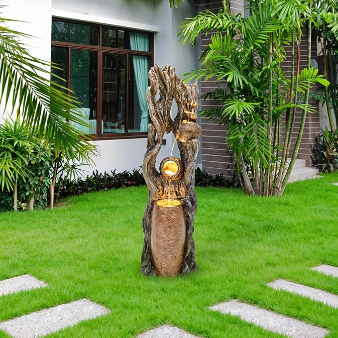 42.7" 3-Tier Outdoor Water Fountain LED Tree Trunk Jar Waterfall | vintage terra-cotta pots, patio backyard garden,Serene Relaxing Porch Decor