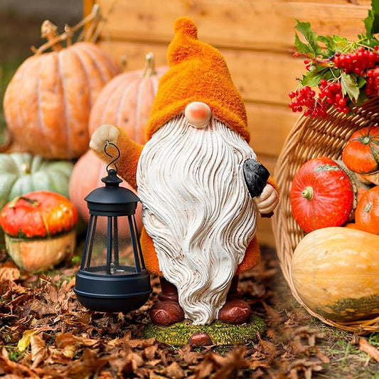 TERESA'S COLLECTIONS Fall Outdoor Decor, Fall Gnome Decor, Autumn Garden Gnomes Holding Lantern with Solar Lights,Waterproof Resin Outdoor Fall Decor, Fall Gifts Outdoor/Indoor,8"