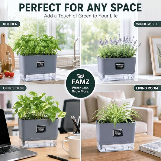 Self Watering Planters 4 Pack, 7 Inch Rectangle Plant Pots with Visible Water Reservoir, Indoor Outdoor Herb Planter Boxes for Windowsill,African Violets,Succulents,Flowers,Kitchen,Office,Balcony Gray