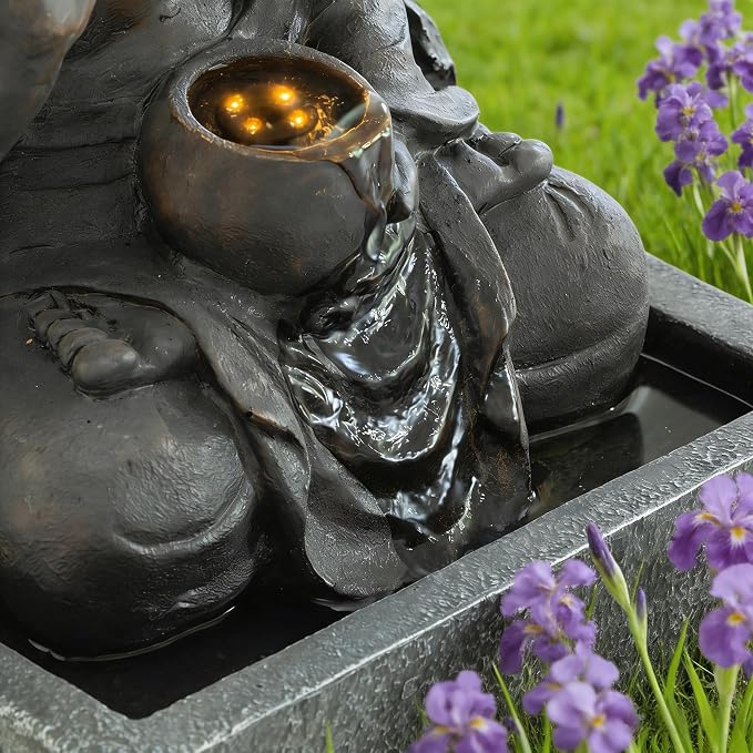 28" H Outdoor Buddha Waterfall Fountain, Freestanding Zen Style LED Water Feature with Relaxing Cascading Flow, Resin Asian Decor for Patio Garden Backyard Deck Home