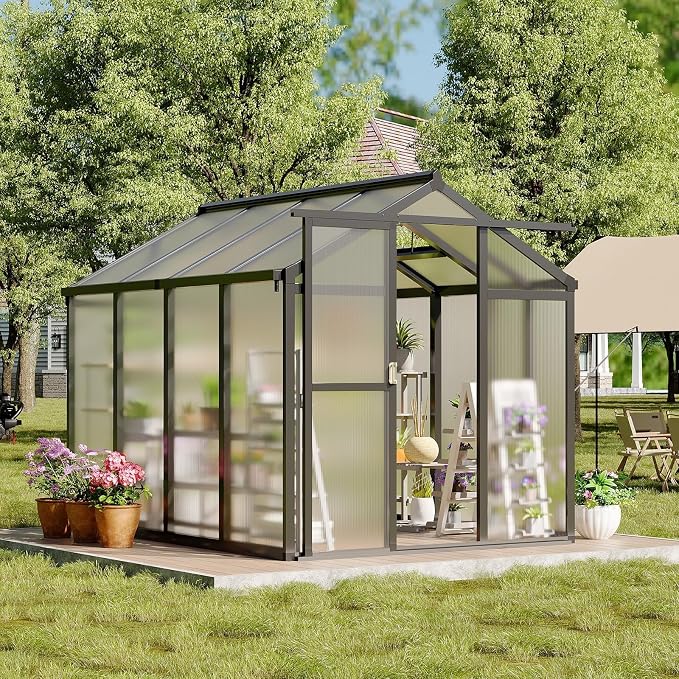 6x8 FT Greenhouse, Easy Assembly Aluminum Polycarbonate Greenhouses for Outdoors with Roof Vent, Large Aluminum Walk-in Greenhouse for Sunroom Patio, Backyard, Garden, Sliding Lockable Door, Black