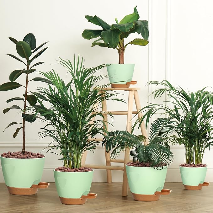 5-Pack Plant Pots with Drainage 7/6.5/6/5.5/5 Inch Self Watering Pots for Indoor Outdoor Plants, Plastic Flower Pots with Drainage Holes and Removable Saucers, Plant Pots with Wicking Rope (Green)