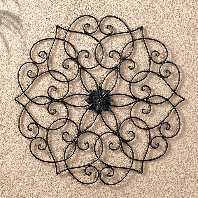 Glitzhome Black Metal Wall Art Decor, 23”H Floral Iron Wall Decor with Ornamental Scroll Design, Indoor Outdoor Wall Accent for Garden Porch Patio