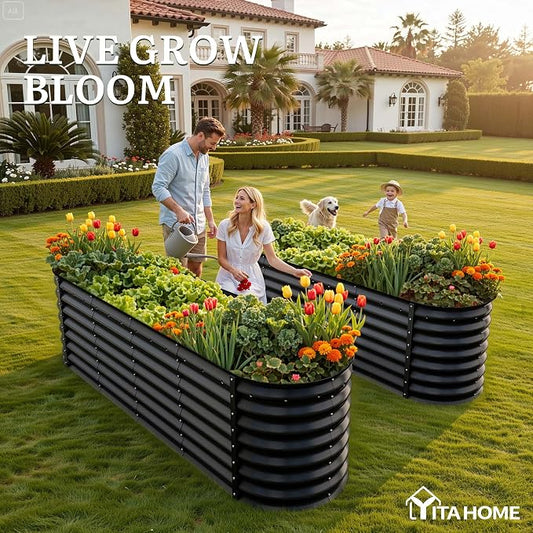 YITAHOME 8x2x2ft Raised Garden Bed Kit, 24" Tall 9 in 1 Large Galvanized Metal Planter Box with Gloves, Safety Rubber & Support Rod, Outdoor Flower Bed for Plants Vegetables Flowers, Black
