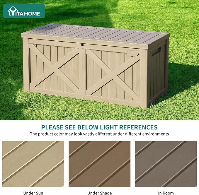 YITAHOME 150 Gallon Large Deck Box with X-Shaped Front | Resin Outdoor Storage Boxes, Waterproof Cushion Storage Bench for Patio, Pool Supplies, Garden Tools - Lockable, Taupe
