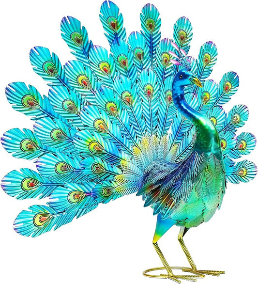 27.5" Metal Peacock Garden Statue with Spread Tail Yard Art | Handmade 3D Textured Peacock Sculpture, Outdoor Metal Yard Art for Patio, Garden, Entryway Decoration.