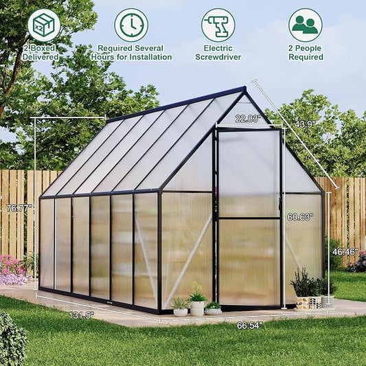GarveeLife 6x11FT Aluminum Large Walk-in Greenhouses for Outside, Polycarbonate Greenhouse with Aluminum Frame, Greenhouse with Ventilation and Rain Gutter, Polycarbonate Greenhouses for Outdoors