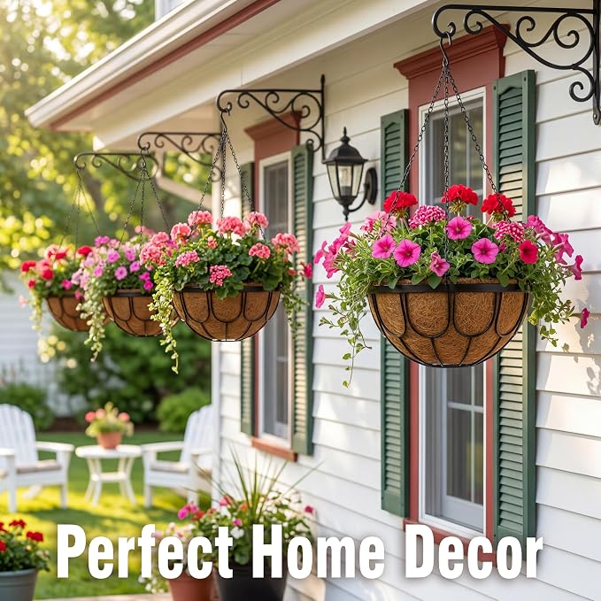 4 Pack 14 Inch Hanging Planters for Outdoor Plants, Black Metal Wire Hanging Flower Baskets with Coco Coir Liner, Large Hanging Plant Pots for Garden, Patio, Balcony, Indoor Home Decor