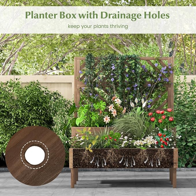ORALNER Raised Garden Bed with Trellis, 43” x 24.5” x 53” Outdoor 2-Tier Wooden Planter Box with Drainage Holes, Elevated Garden Trellis Planter for Vine Flower Herb Fruit Vegetable (Brown)