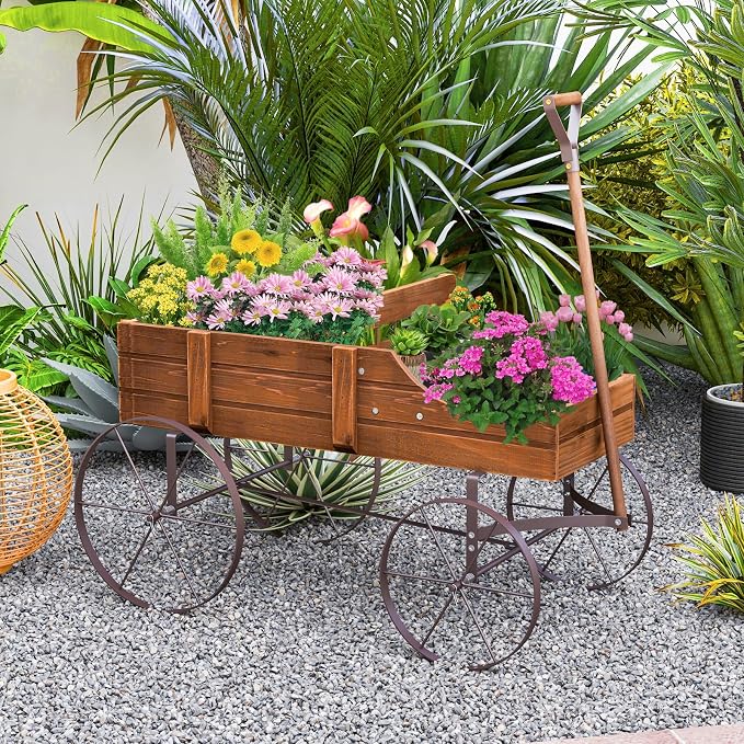 Wooden Wagon Planter, Decorative Flower Pots w/ 2 Planting Sections, Wheels & Handle, Rustic Farmhouse Garden Planter Box for Patio, Yard, Porch (Walnut)