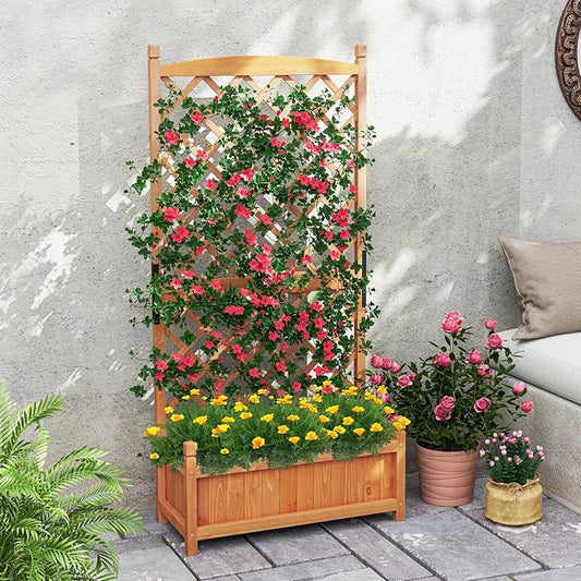 Giantex Raised Garden Bed with Trellis Set of 2, 60" Wooden Planter Container w/Drainage Holes, High Trellis for Plant Flower Climbing Pot Hanging, Indoor Outdoor Planter Box for Yard Garden Balcony