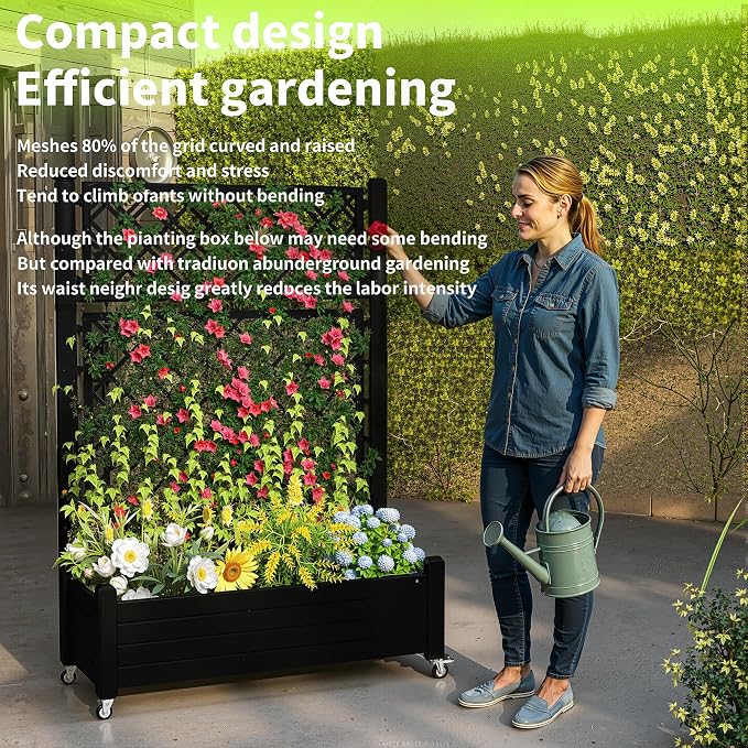 PatioZen Raised Garden Bed with Trellis, 21 Gallon Self Watering Planter Box with Lockable Wheels & Drainage Holes for Climbing Plants Vegetables Flowers, Anti-Rust Resin for Backyard Patio (Black)