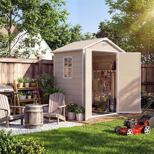Garvee Plastic Outdoor Storage Shed with Floor, Resin Garden Shed | with Window & Sloping Roof & Lockable Door for Patio Backyard Garden, Lawn Mower, Bike, Tool Storage (Light Brown, 6' x 4')