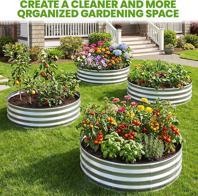 Galvanized Raised Garden Bed Outdoor | 4x4x1ft Metal Raised Beds for Gardening with Safety Rubber Strip | Round Planter Box for Plants Like Vegetables Fruits Flowers, Silver