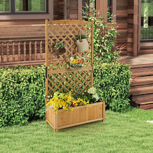 Giantex Planter Raised Bed with Trellis, 71" Wooden Garden Bed, High Trellis for Vine Plant Flower Climbing Pot Hanging, Indoor & Outdoor Planter Box for Yard, Garden, Balcony