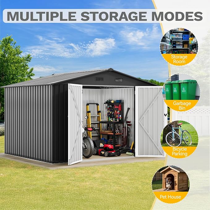 DWVO 10x8ft Outdoor Storage Shed, Large Metal Tool Sheds, Heavy Duty Storage House with Lockable Doors & Air Vent for Backyard Patio Lawn to Store Bikes, Tools, Lawnmowers, Dark Gray