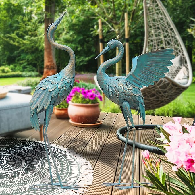 33-37 Inch Metal Crane Garden Statue Décor, Bird Garden Sculpture & Statues, Outdoor Decoration for Yard Patio Lawn Backyard Pool, Spring Decorations for Home, Set of 2