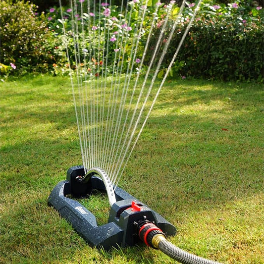 Eden 94106 Turbo Oscillating Sprinkler, Covers Up to 4,000 sq. ft., 18 Precision Nozzles, Weighted Base, Adjustable Range, Flow Control Knob, Quick Connect Bundle, Black, Silver, Red