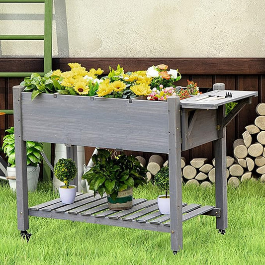 Outsunny Raised Garden Bed with 8 Grow Grids, Wooden Outdoor Plant Box Stand with Folding Side Table and Wheels, 49" x 21" x 34", for Vegetables, Flowers, Herbs, Gray