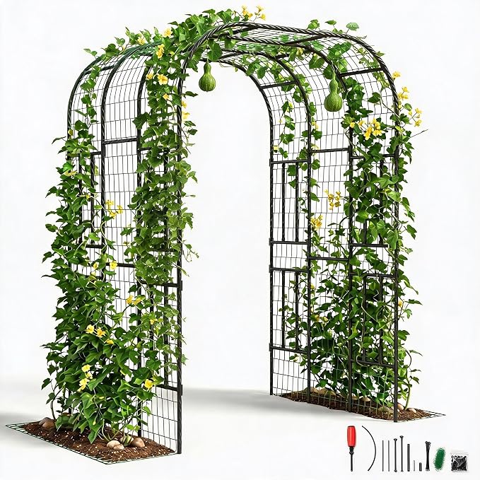 Metal Garden Arch Trellis, 7.3FT Extra Tall Polyethylene-Coated Steel Garden Trellis for Climbing Plants, Vegetables, Flowers, Outdoor Pergola Arbor Wedding Party