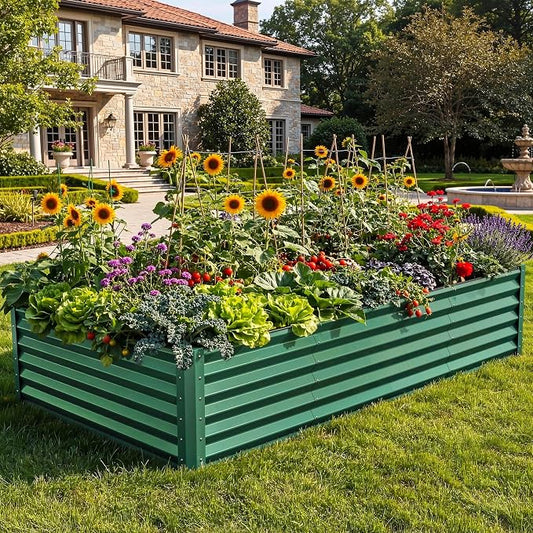 YITAHOME 8x4x1.5ft Galvanized Raised Garden Bed, Metal Planter Box with Safety Rubber, Gloves, Outdoor Flower Bed for Planting Plants Vegetables, Green