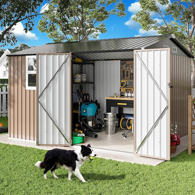 IRONCK 10x8.2 FT Outdoor Storage Shed with Clear Window, Tool Shed, Brown | Lockable Doors, Breathable Ventilation, 9.5x8 FT Base, Outdoor Shed For Generators/Bikes/Wheelbarrows