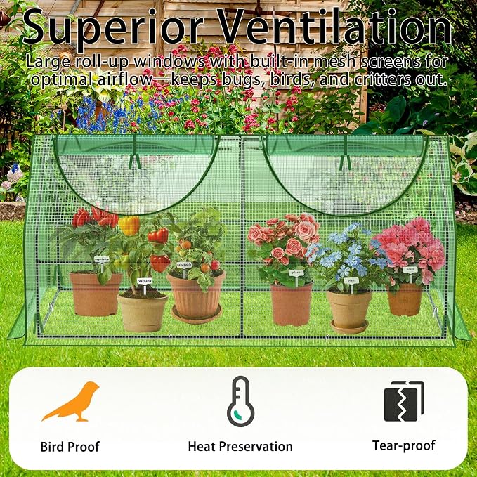 72"x36"x36" Mini Greenhouse for Outdoors & Raised Beds (Shelf-Free), Heavy-Duty PE Portable Plant Shelter with Dual-Zipper Mesh Windows, Bird & Weather Proof Hoop House with 6 Plant Tags