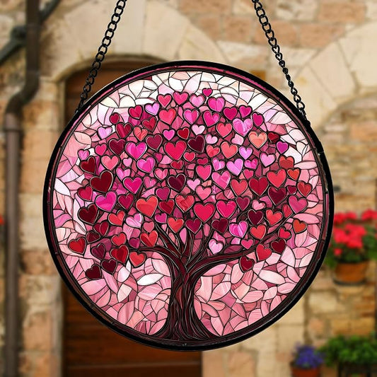 Stained Glass Window Hanging, Birthday Gifts for Women Mom Grandma Nana Wife Couple, Pink Love Tree Suncatcher for Doors Window Home Sun Catchers Gifts Decor 11.8 in