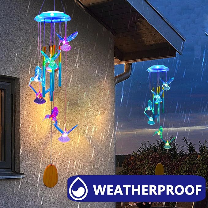 Outdoor Solar Wind Chime Decoration, Mother's Day Birthday Gifts for Grandma, Mom and Family, Outdoor Garden and Courtyard Wind Chime Accessories (Blue Hummingbird)