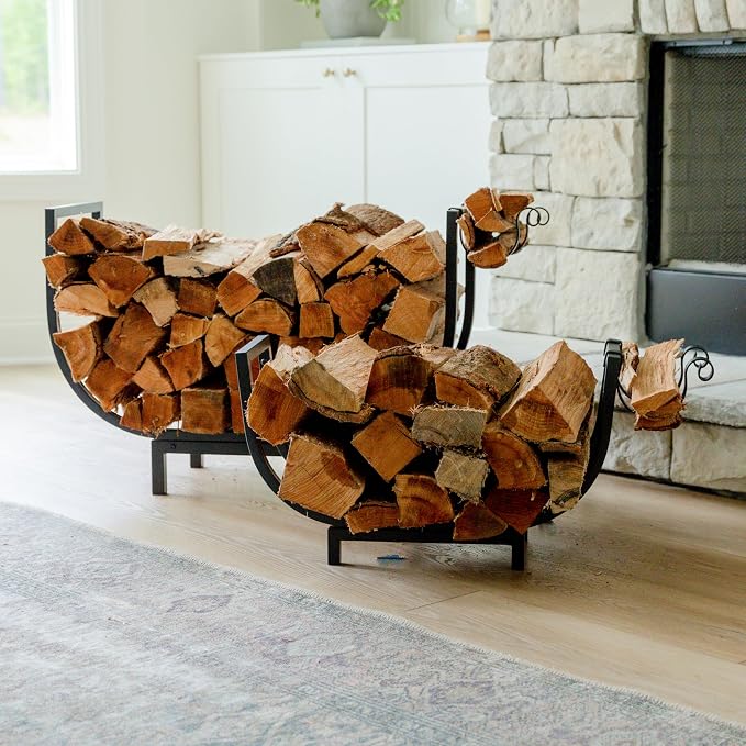FireProof Pros Firewood Rack Outdoor and Indoor Firewood Storage with Kindling Wood Hooks. 24.5 in curved Double Coated Fire Wood Rack. Waterproof Rustproof Stable Log Holder and Fireplace Organizer