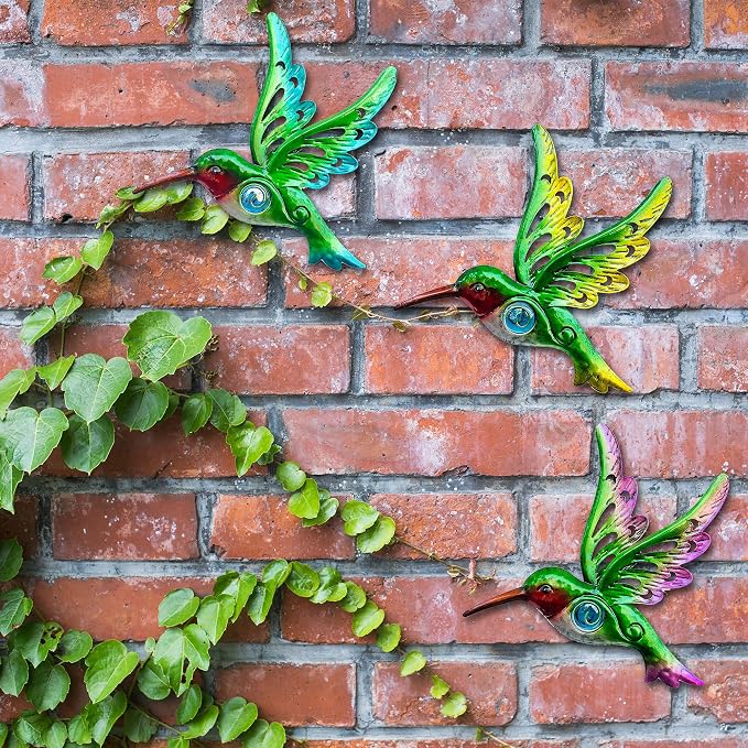 Metal Hummingbird Wall Decor, Wall Art Sculpture for Patio, interior decor | BVLFOOK; Great Indoor Outdoor Gift; Family decor; Set of 3, 9 Inch; Natural vibe
