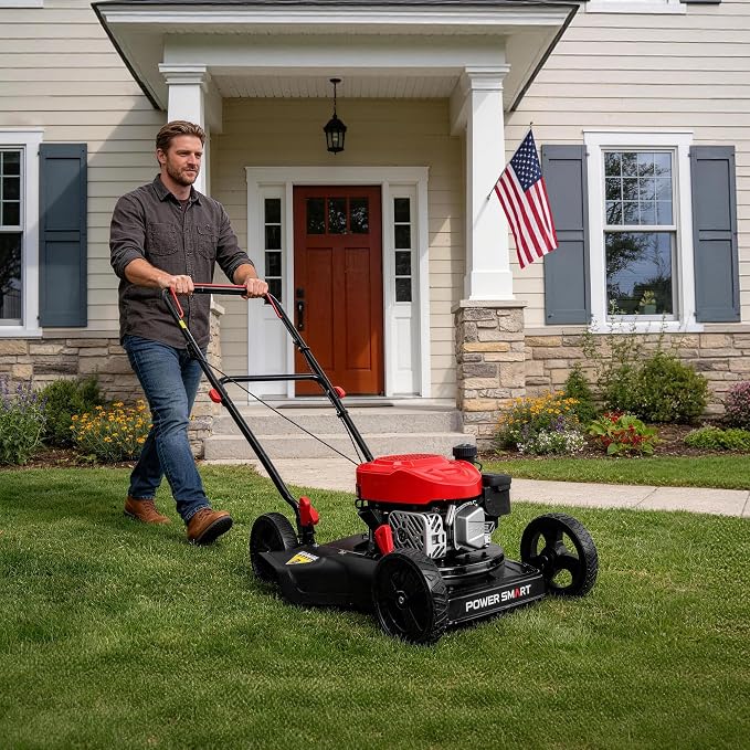 PowerSmart EasyCut 18-Inch Gas Lawn Mower, 144cc OHV Engine, Steel Deck, Side Discharge, 5-Position Dual-Lever Height Adjustment, Push Mower for Small Yards