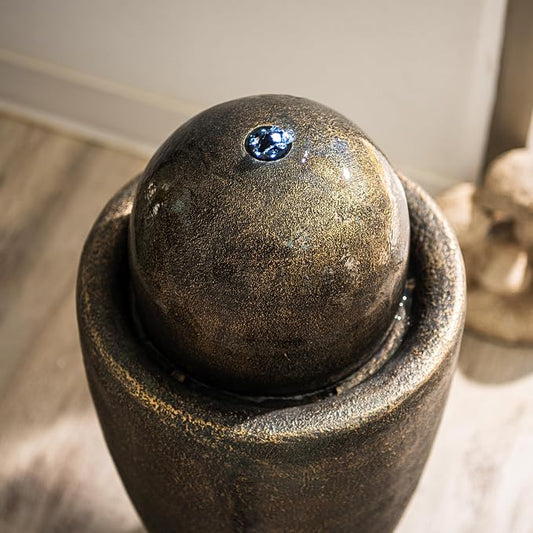 XBrand 25.98" Modern Sphere Water Fountain with LED Light – Indoor Outdoor Stone Texture Floor Fountain, Zen Bubbling Ball Water Feature for Garden Patio Porch - Bronze