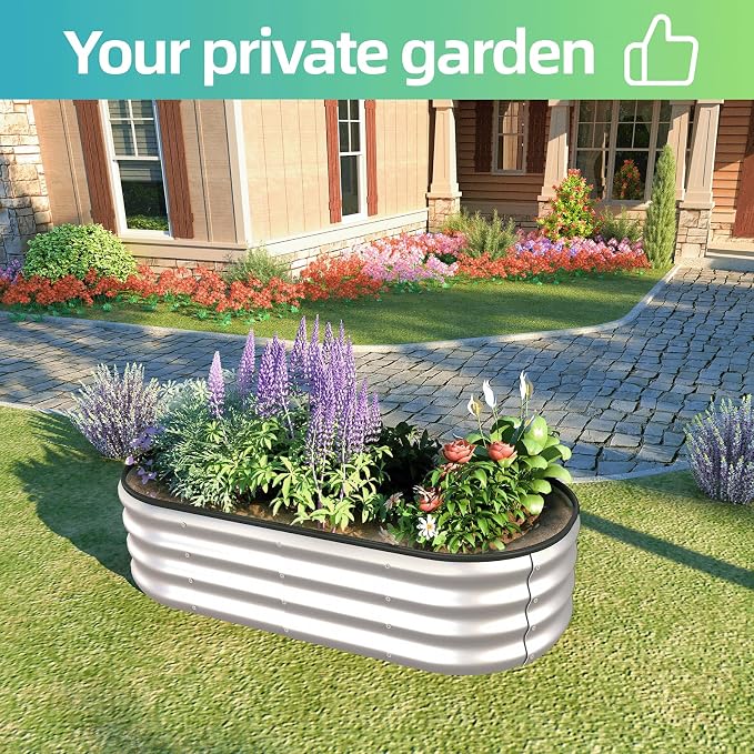 4x2x1 ft Oval Galvanized Metal Raised Garden Beds, Thickened Rust-Proof Flower Beds, Outdoor Plant Planter Boxes(Silver, 2PCS)