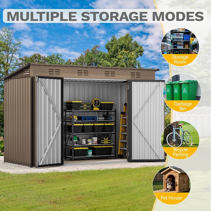 DWVO 9x4ft Large Outdoor Storage Shed, Metal Tool Sheds, Heavy Duty Tool Storage with Lockable Doors & Air Vent for Backyard Patio Lawn to Store Bikes, Tools, Lawnmowers,Brown